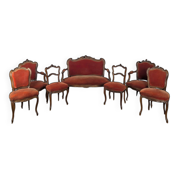Salon de style Louis XV en noyer sculpté velours orange sept pièces