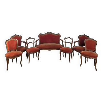 Salon de style Louis XV en noyer sculpté velours orange sept pièces