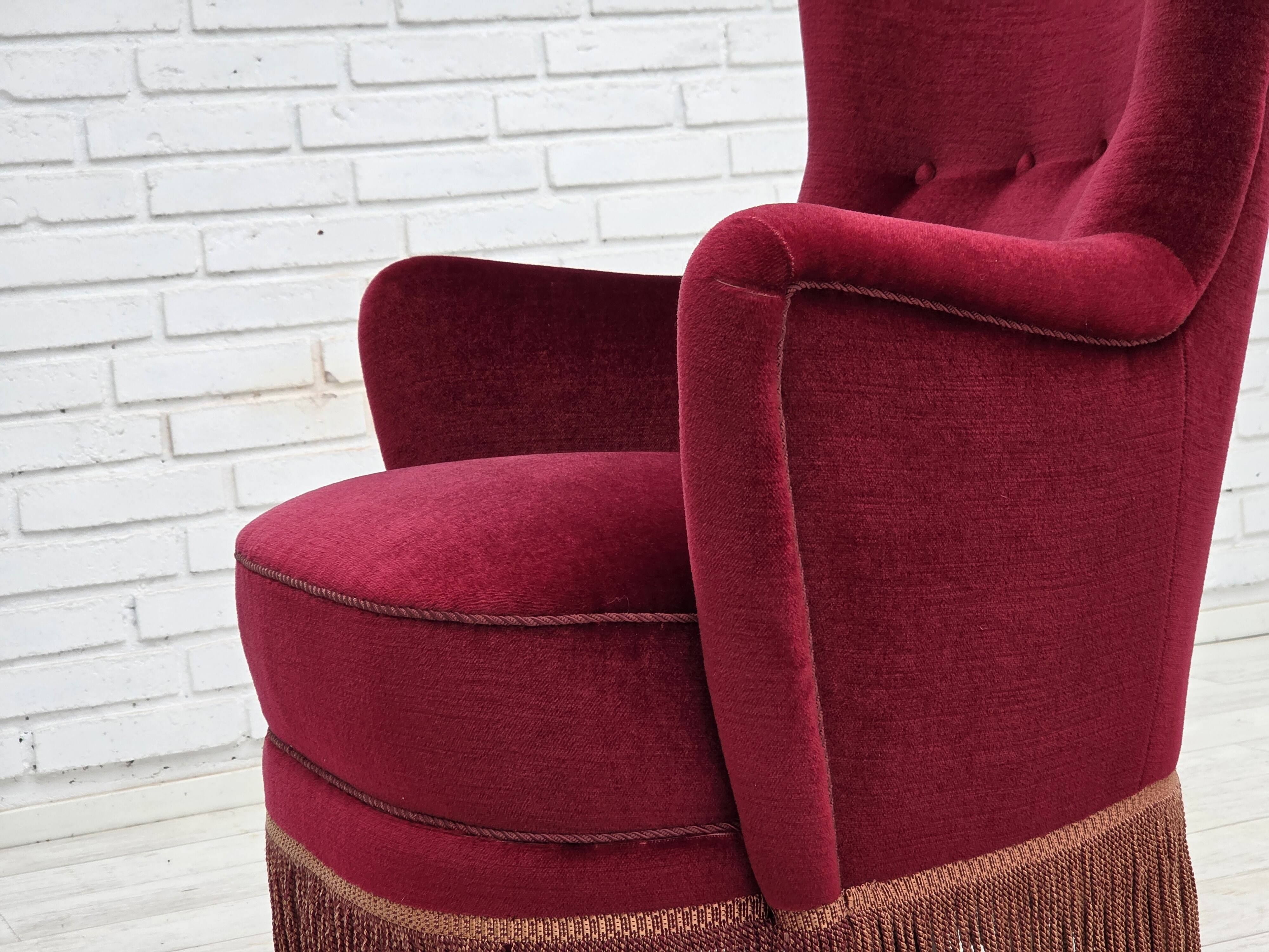 1970s, Danish highback armchair, red furniture velour, beech wood.