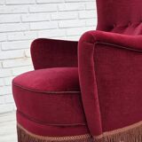 1970s, Danish highback armchair, red furniture velour, beech wood.