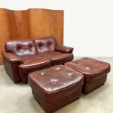 Canapé 2 places et 2 poufs en cuir, Vavassori Monza, Italie 1970
