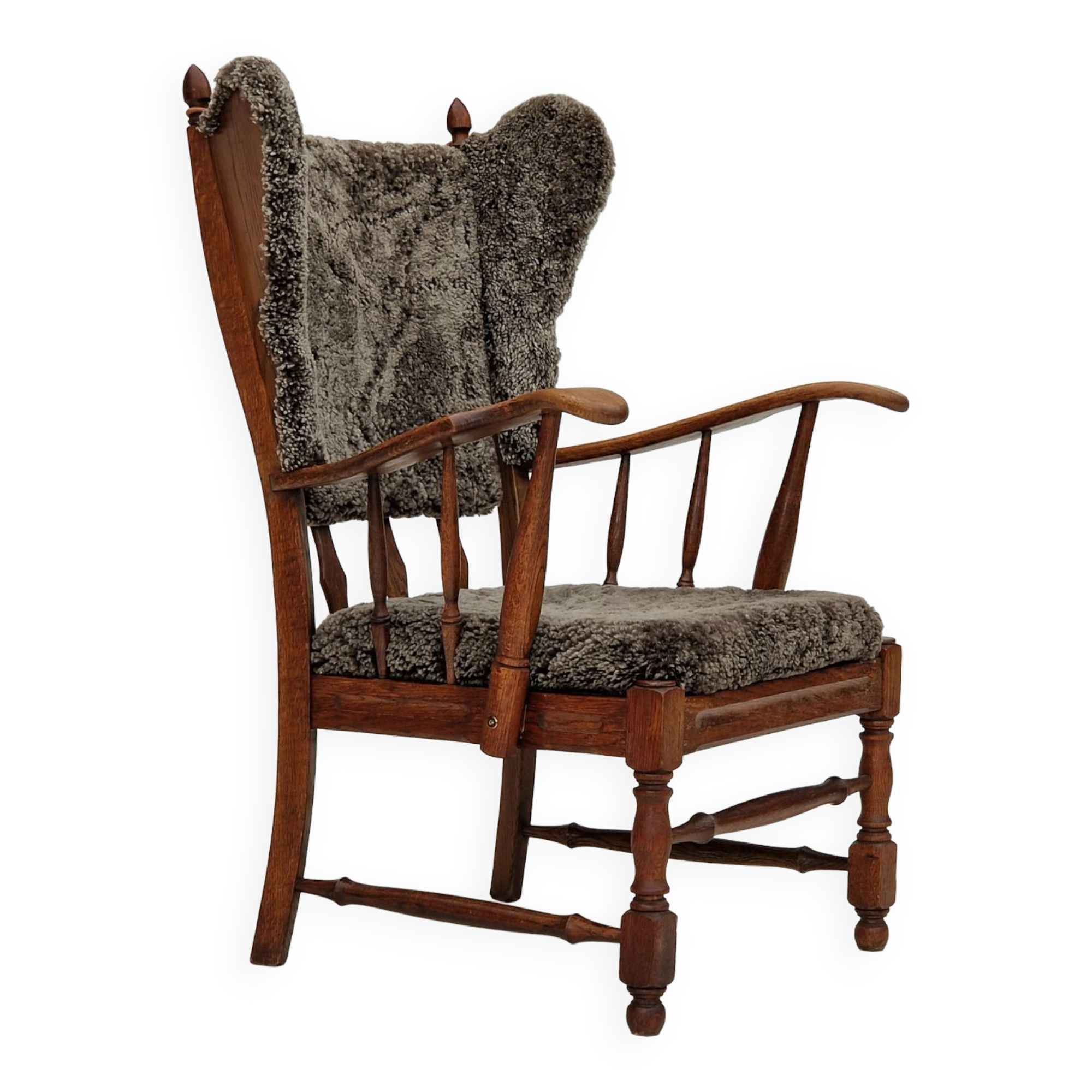 1960s, danish design, renovated-reupholstered high-back ear flap chair, sheepskin, oak wood