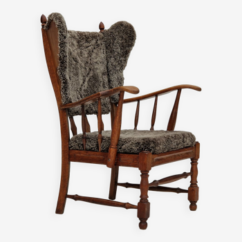 1960s, danish design, renovated-reupholstered high-back ear flap chair, sheepskin, oak wood