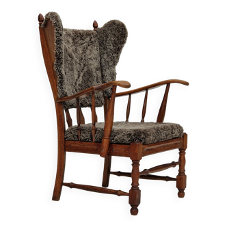 1960s, danish design, renovated-reupholstered high-back ear flap chair, sheepskin, oak wood