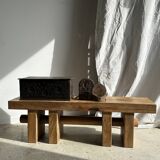 Solid wood bench with openwork base crossed by a cylinder - Mango wood