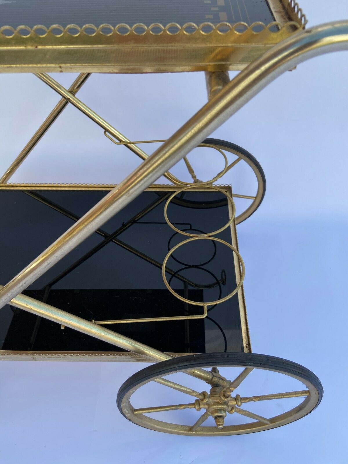 Vintage 1960's bar rolling table smoked glass gilded metal