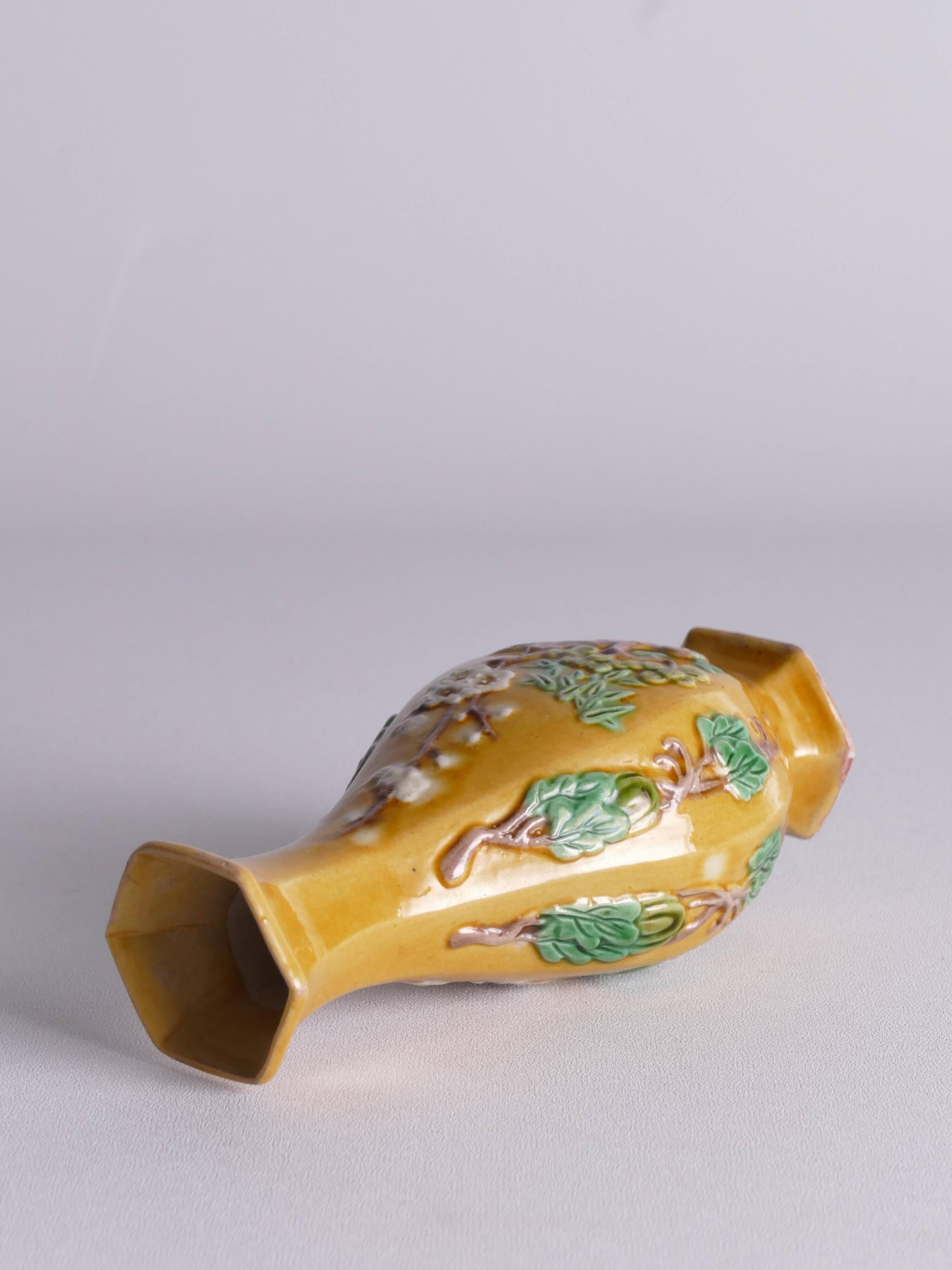 Chinese Yellow Glazed Hexagonal Relief Porcelain Vase with Prunus Motif