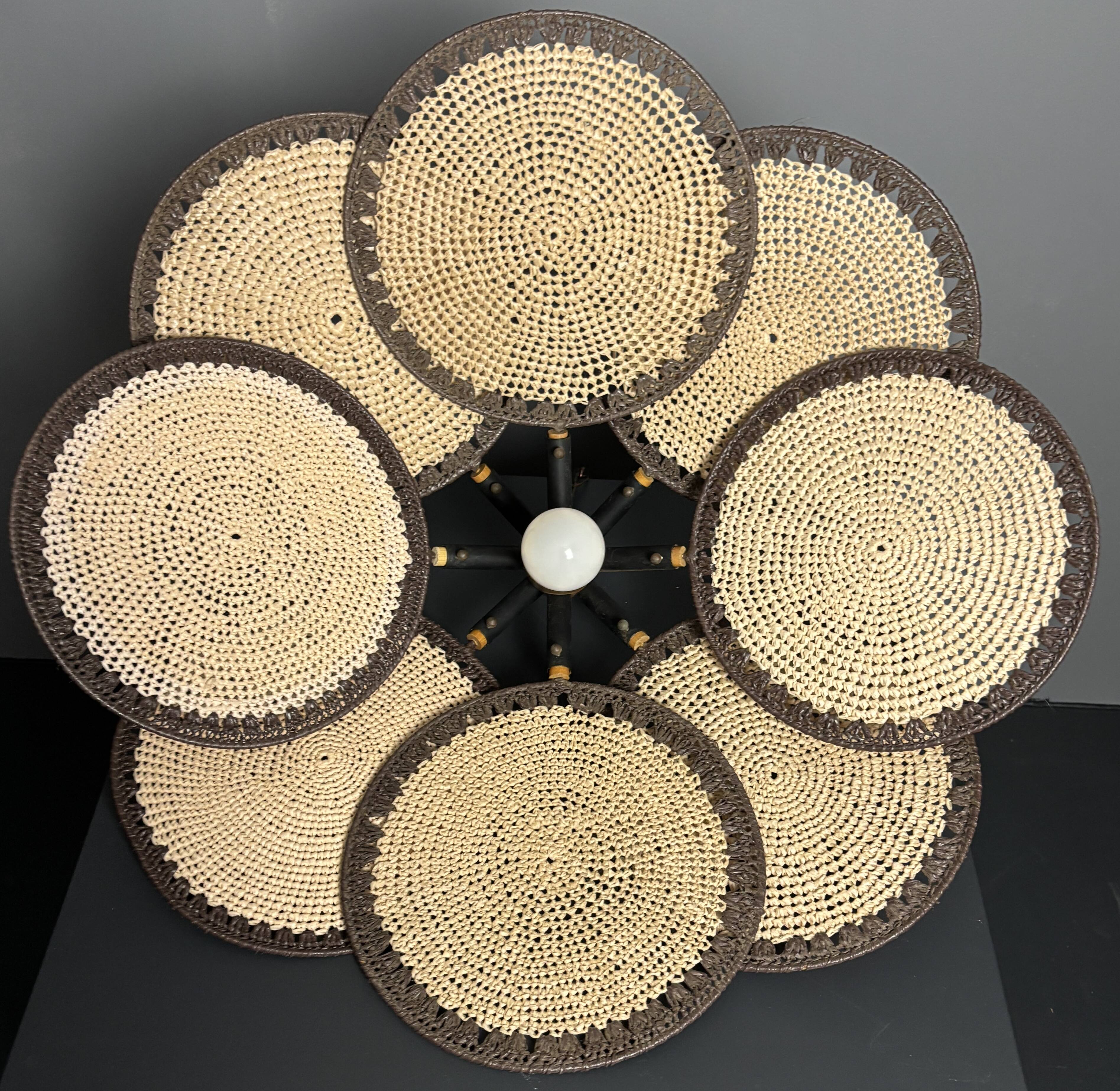 Midcentury uchiwa fan macrame fiber rattan hanging pendant lamp, 1970s