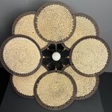 Midcentury uchiwa fan macrame fiber rattan hanging pendant lamp, 1970s