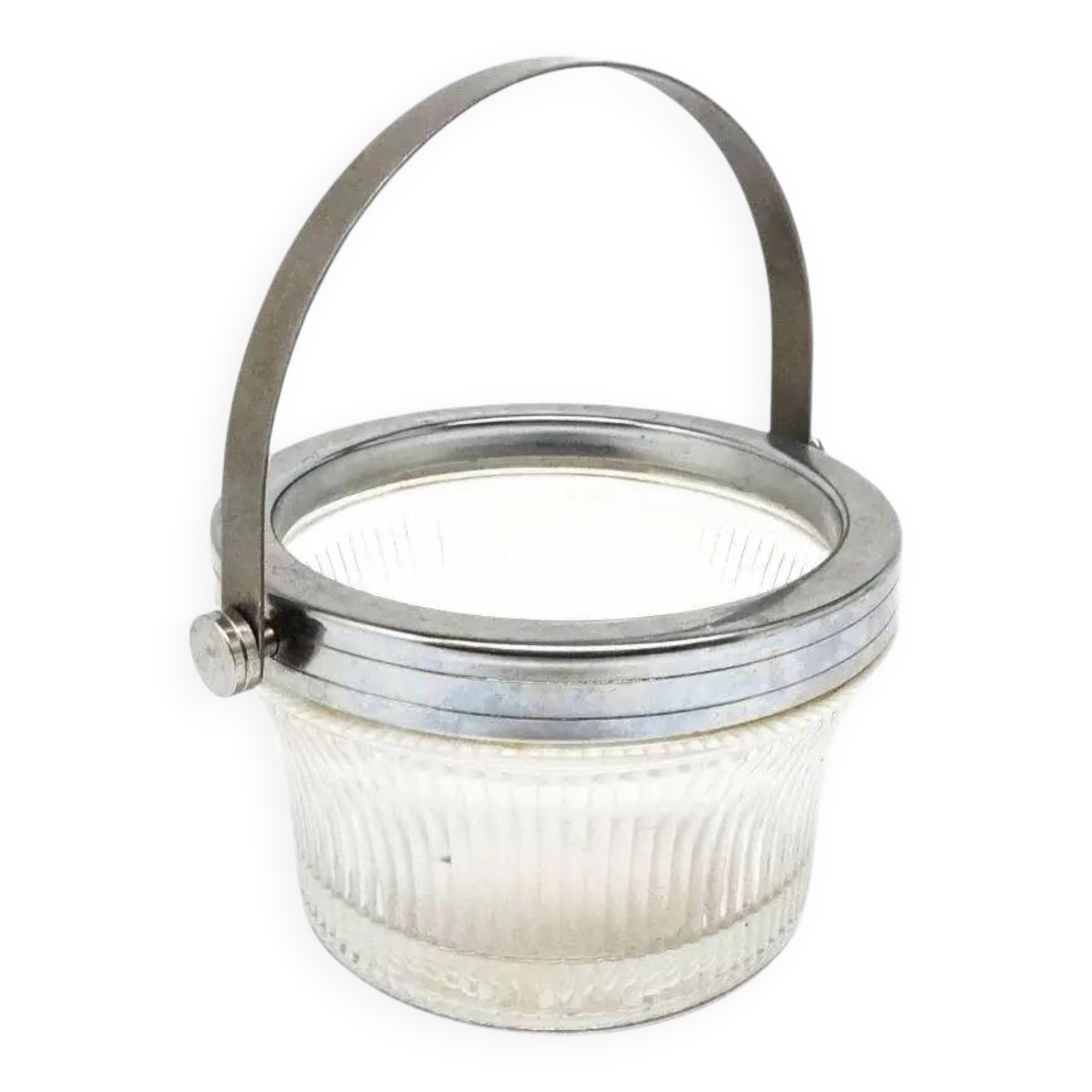 Art Deco sugar bowl, silver-plated brass, pressed glass, Poland, 1950s