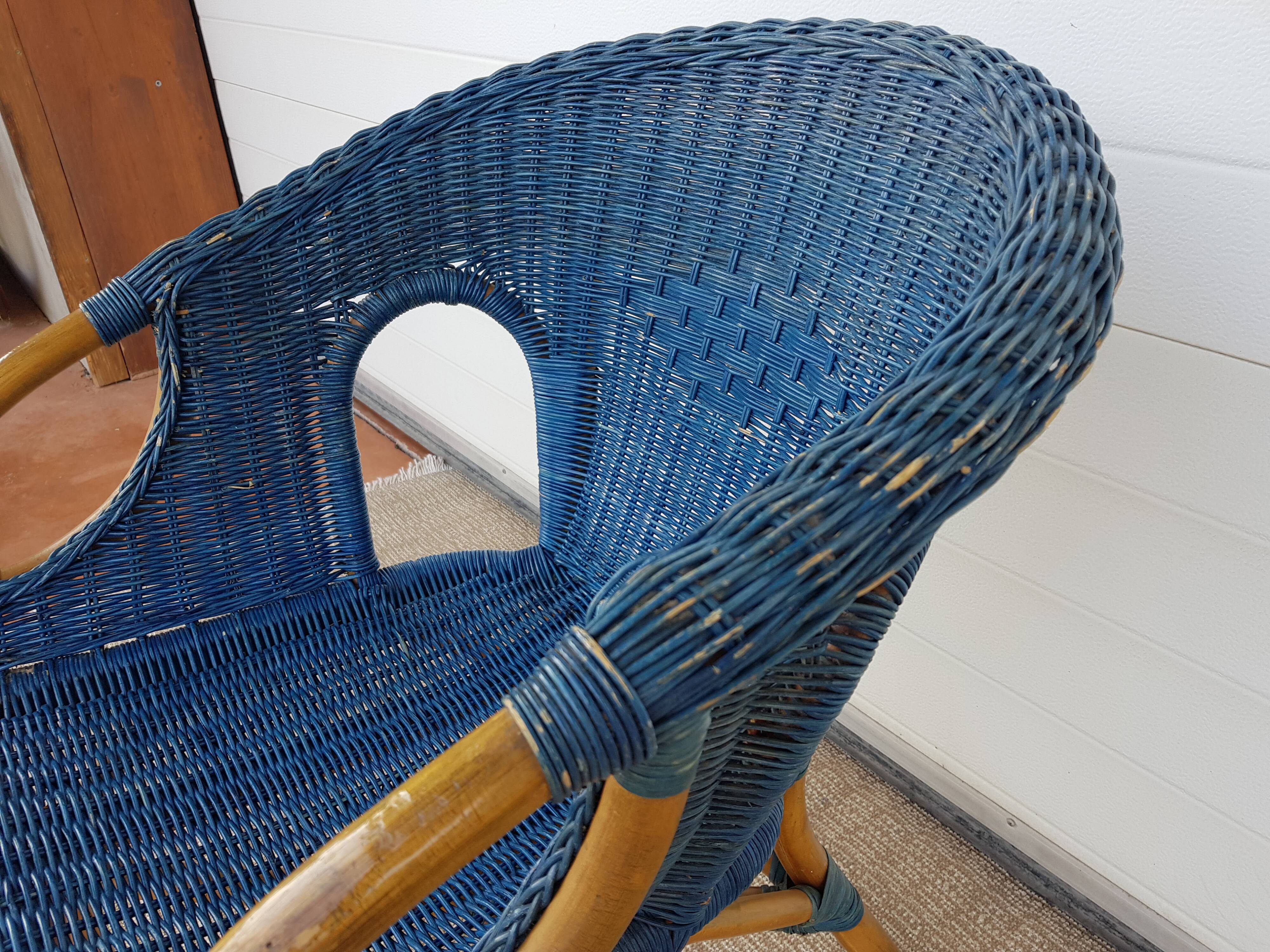 Antique wicker, bamboo and blue rattan armchair, 50's 60's