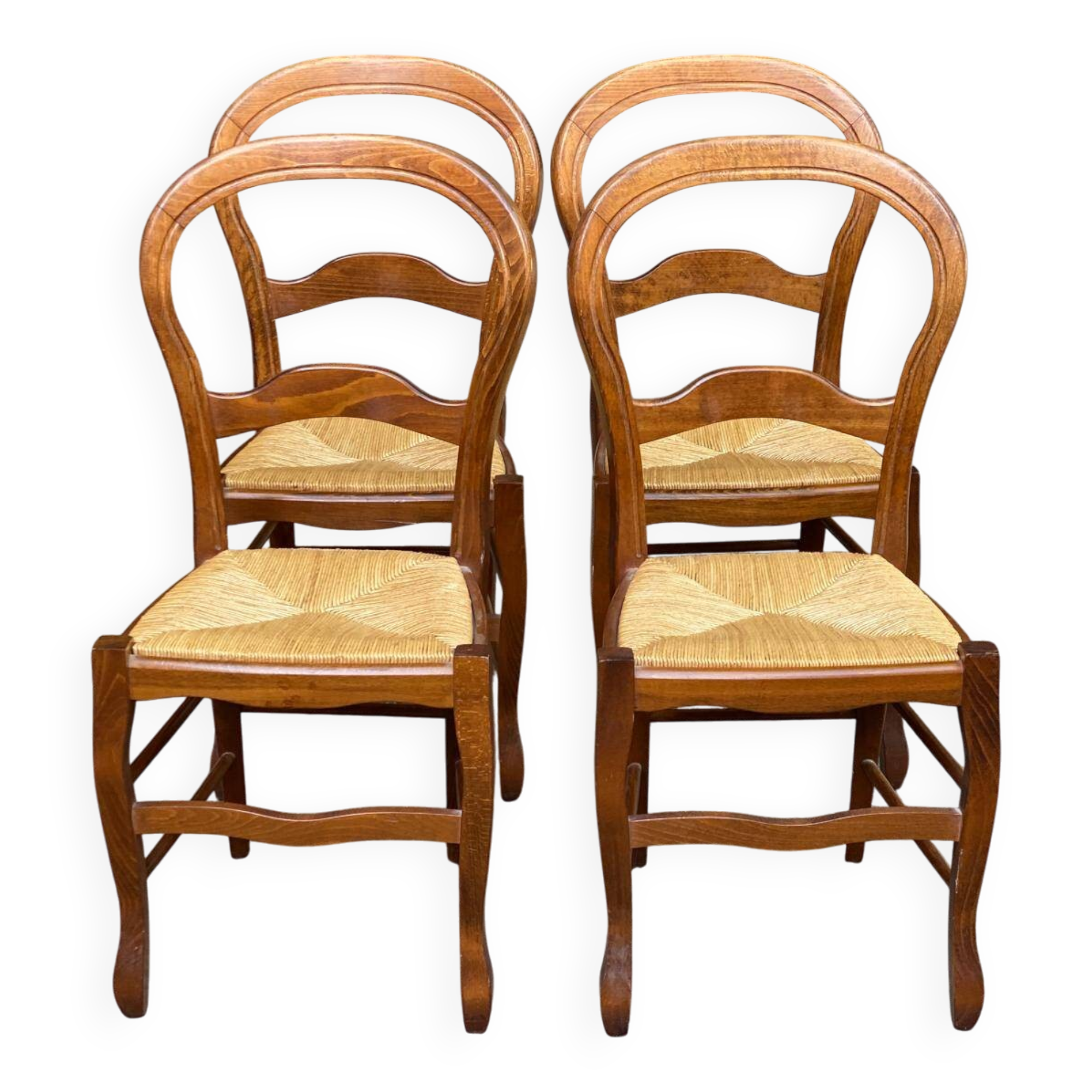 4 Louis Philippe chairs, solid curved wood and straw