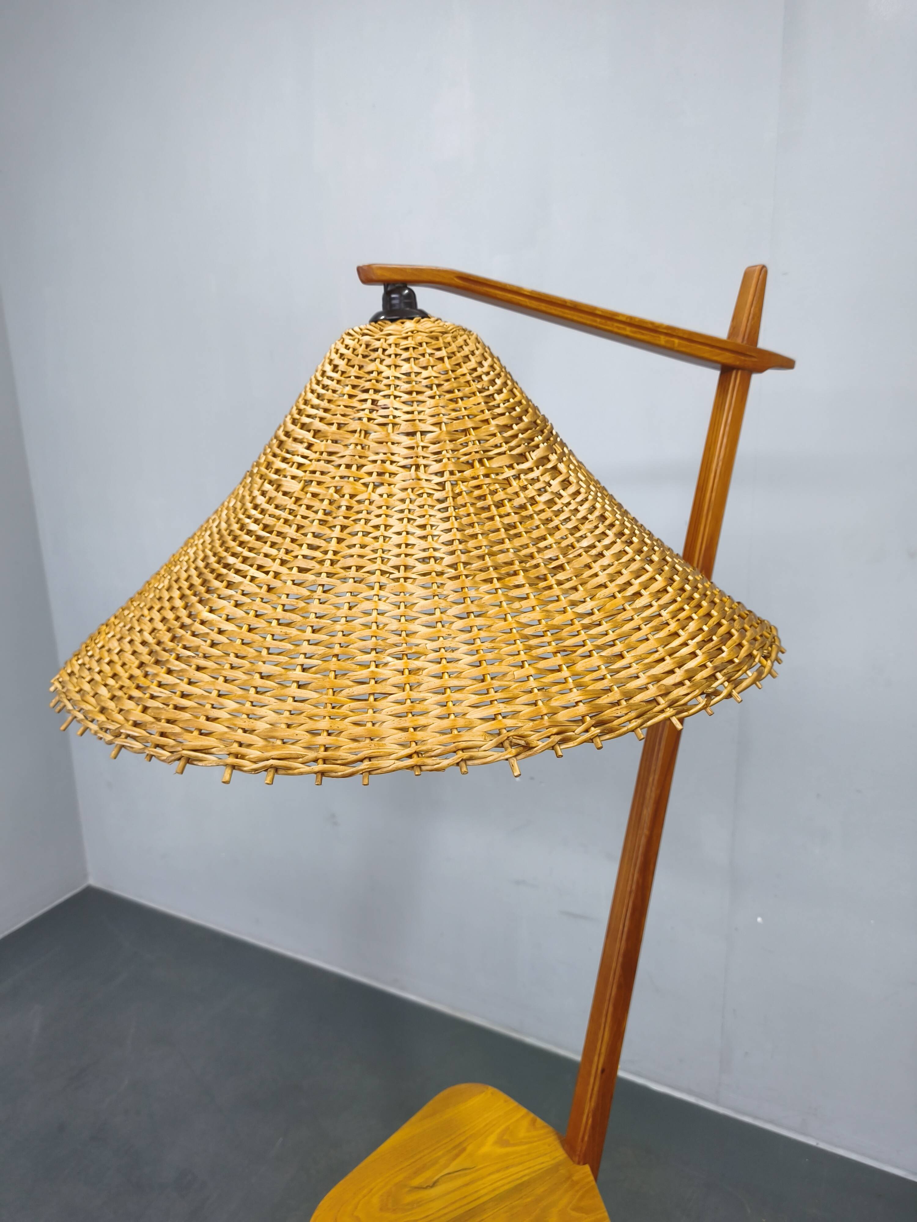 Mid-Century Floor Lamp with Rattan Shade, Czechoslovakia, 1960s