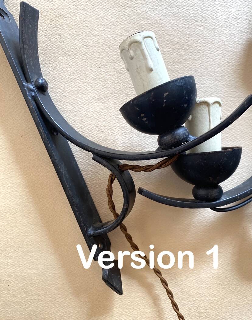 Wrought iron wall light, new fabric cabie, mirror lampshade