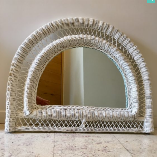 Vintage rattan mirror half moon white