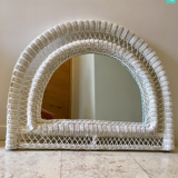 Vintage rattan mirror half moon white