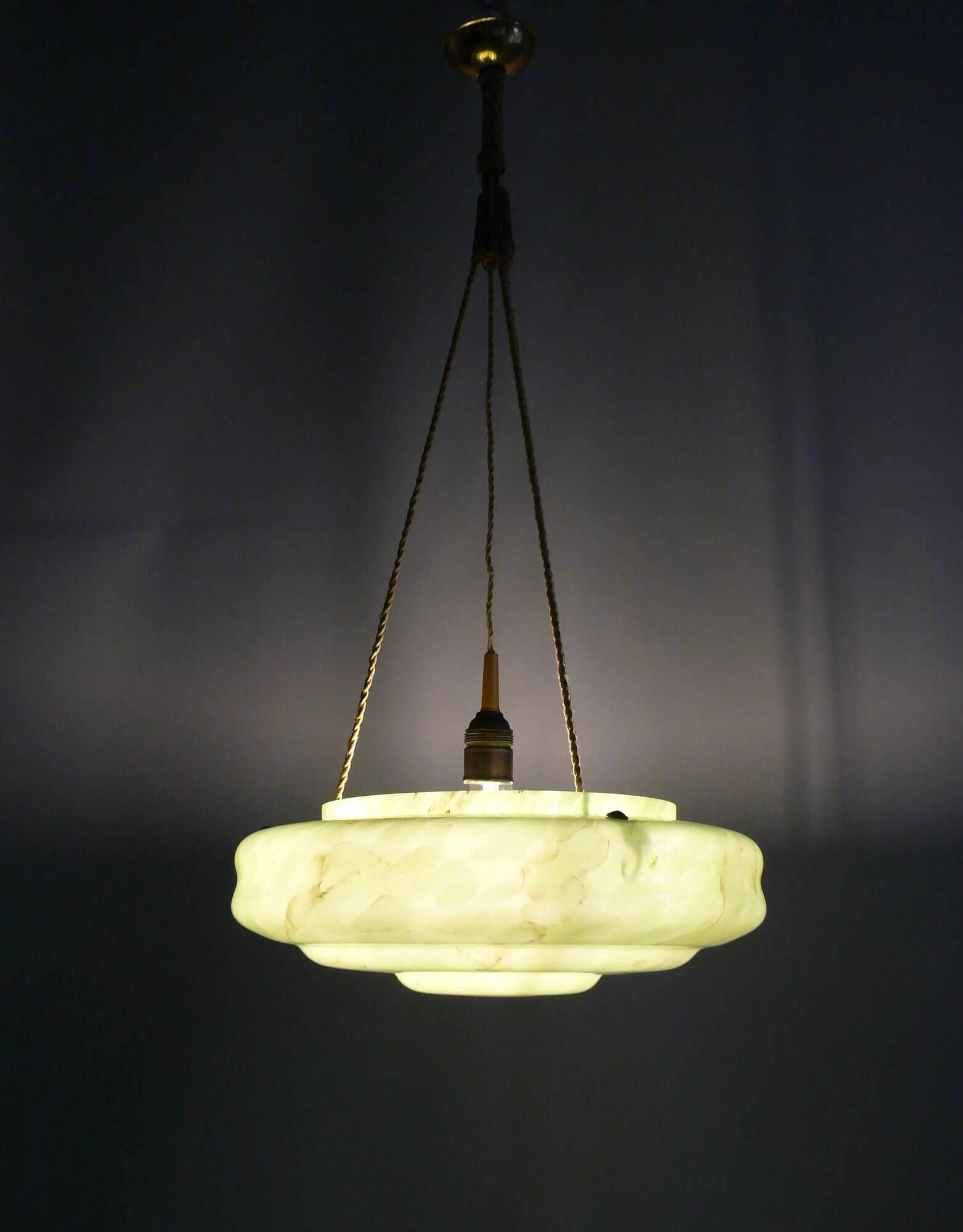 Large Art Deco pendant light in marbled glass with cord suspension, 1920s-1930s