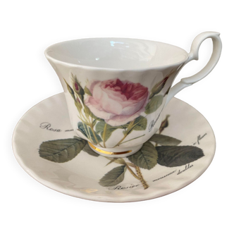 Tasse et soucoupe décor roses Redouté Porcelaine Roy Kirkham Fine Bone China