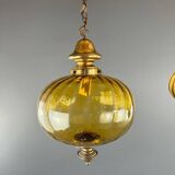 Pair of vintage amber blown glass lantern pendant lights, 20th century