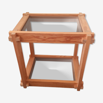 Table d'appoint en bois massif clair 2 étagères en verre teinté
