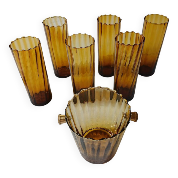 6 verres anciens ambrés + seau à glaçons