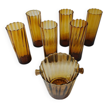 6 verres anciens ambrés + seau à glaçons