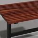 Mid-century Italian bench 1960s with black metal frame, gilded brass legs and solid teak slats