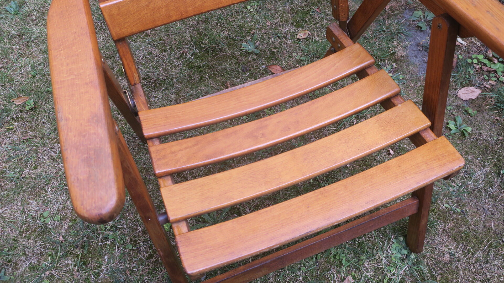 Mid century patinated wood folding garden or patio elbow chair, 1960s