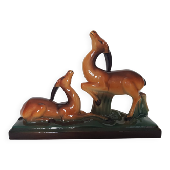 Art Deco ceramic sculpture of a pair of antelopes by Charles Lemanceau
