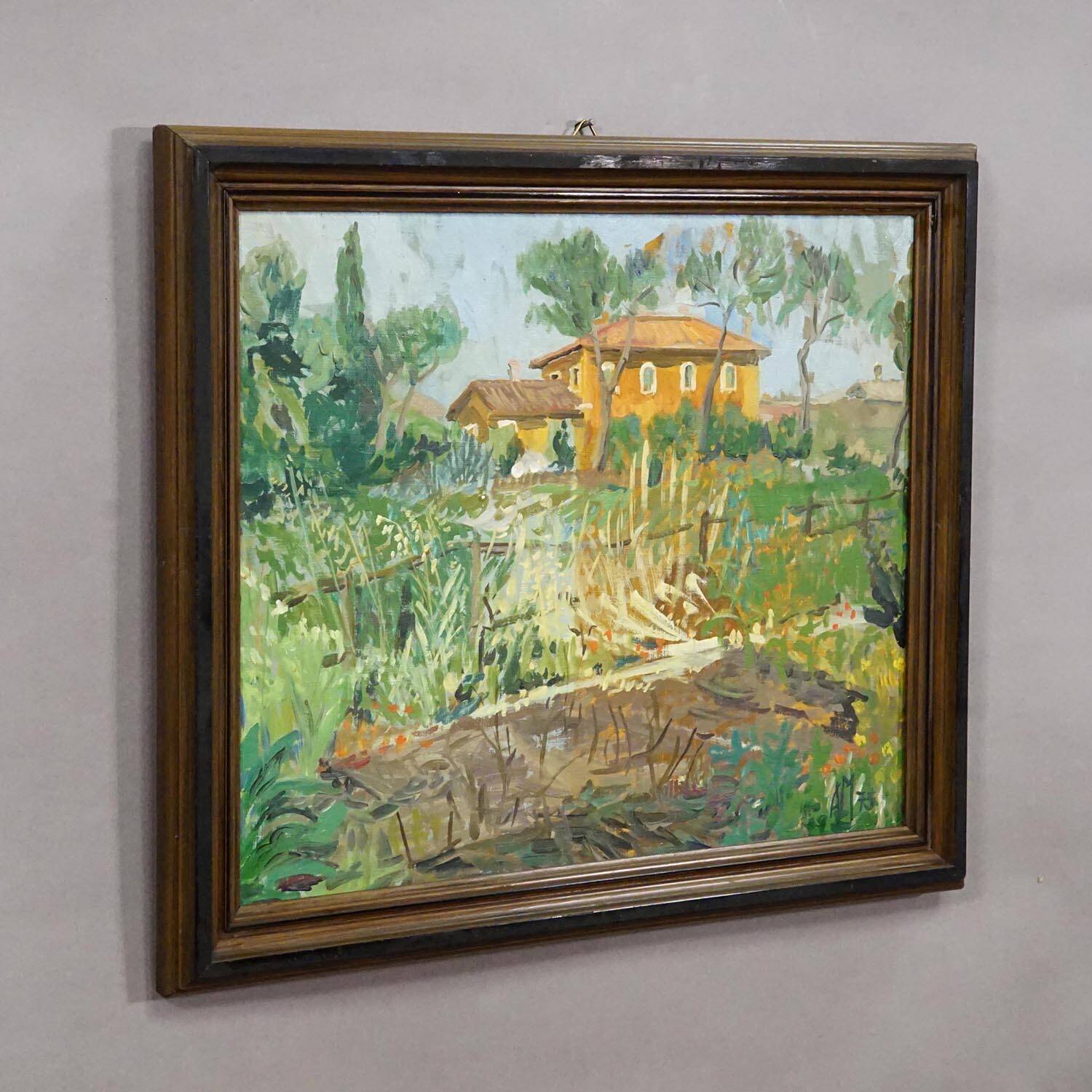 Vintage oil painting of a Mediterranean village, Alexander Michael 1975.