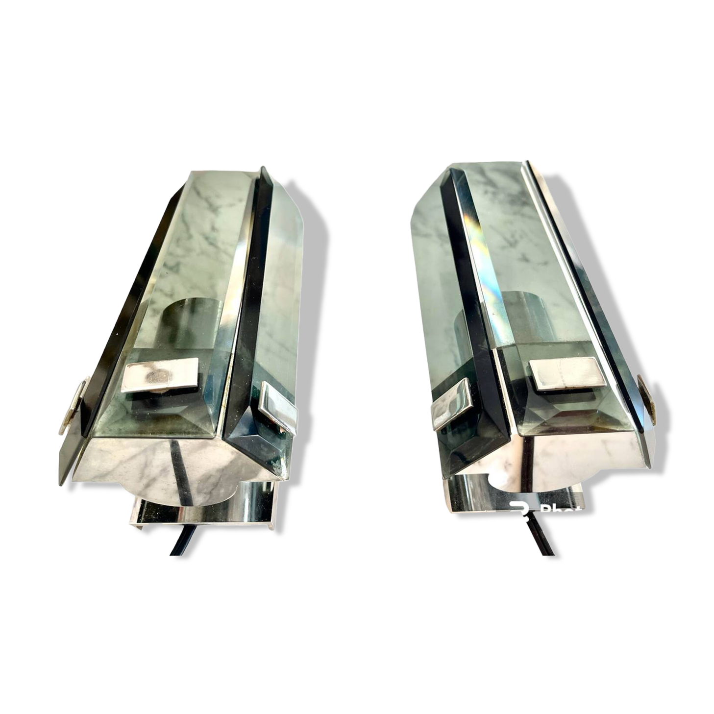 Pair of Veca wall lights in glass and chrome, Italy 1960