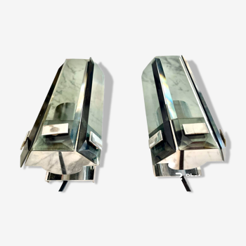 Pair of Veca wall lights in glass and chrome, Italy 1960