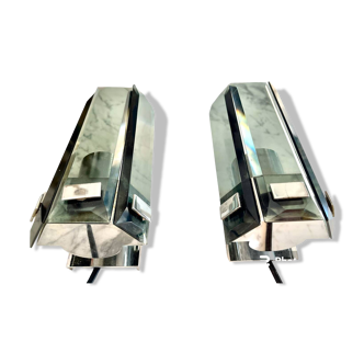 Pair of Veca wall lights in glass and chrome, Italy 1960