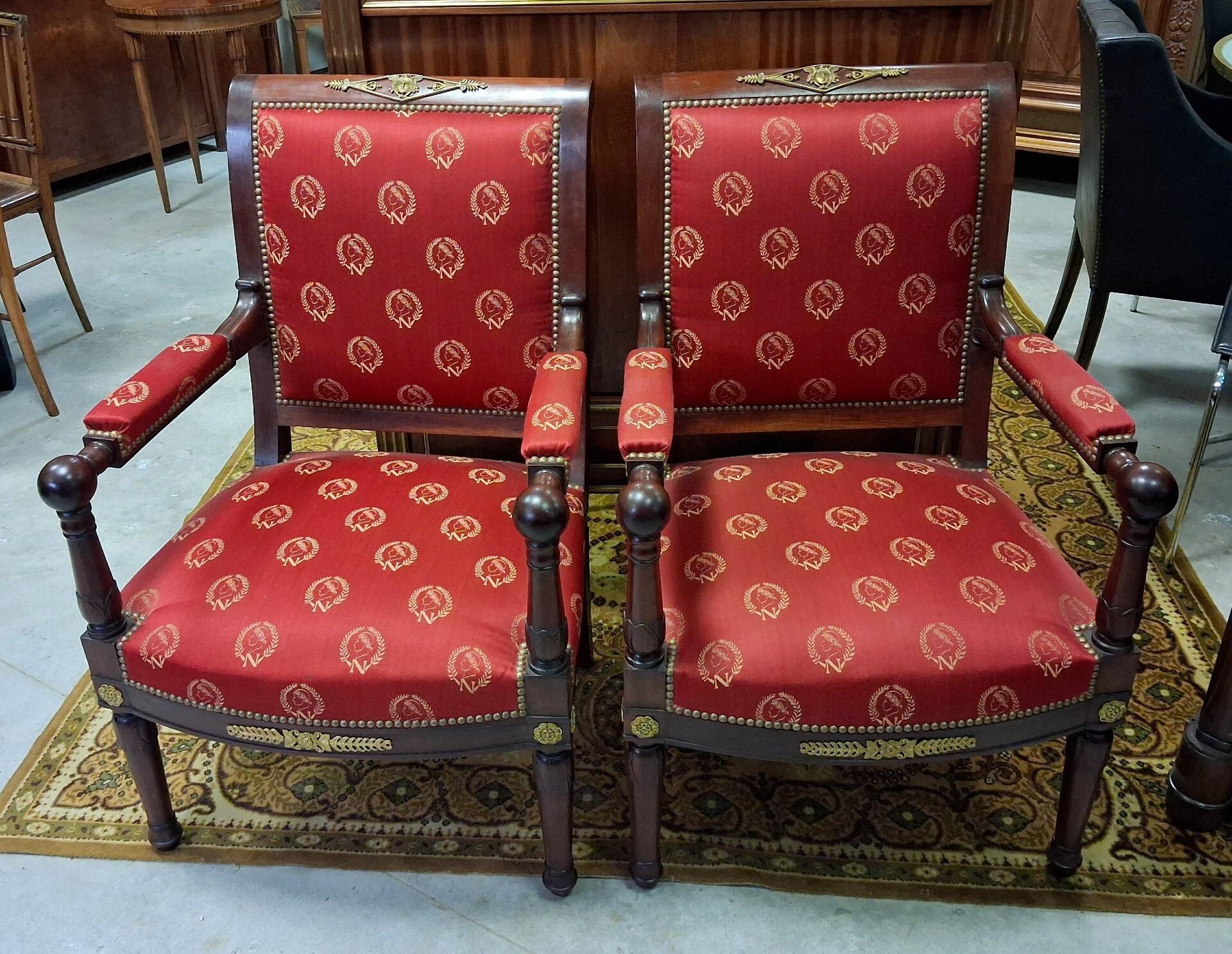 Pair of Empire period armchairs in mahogany with Napoleonic emblems - 19th century