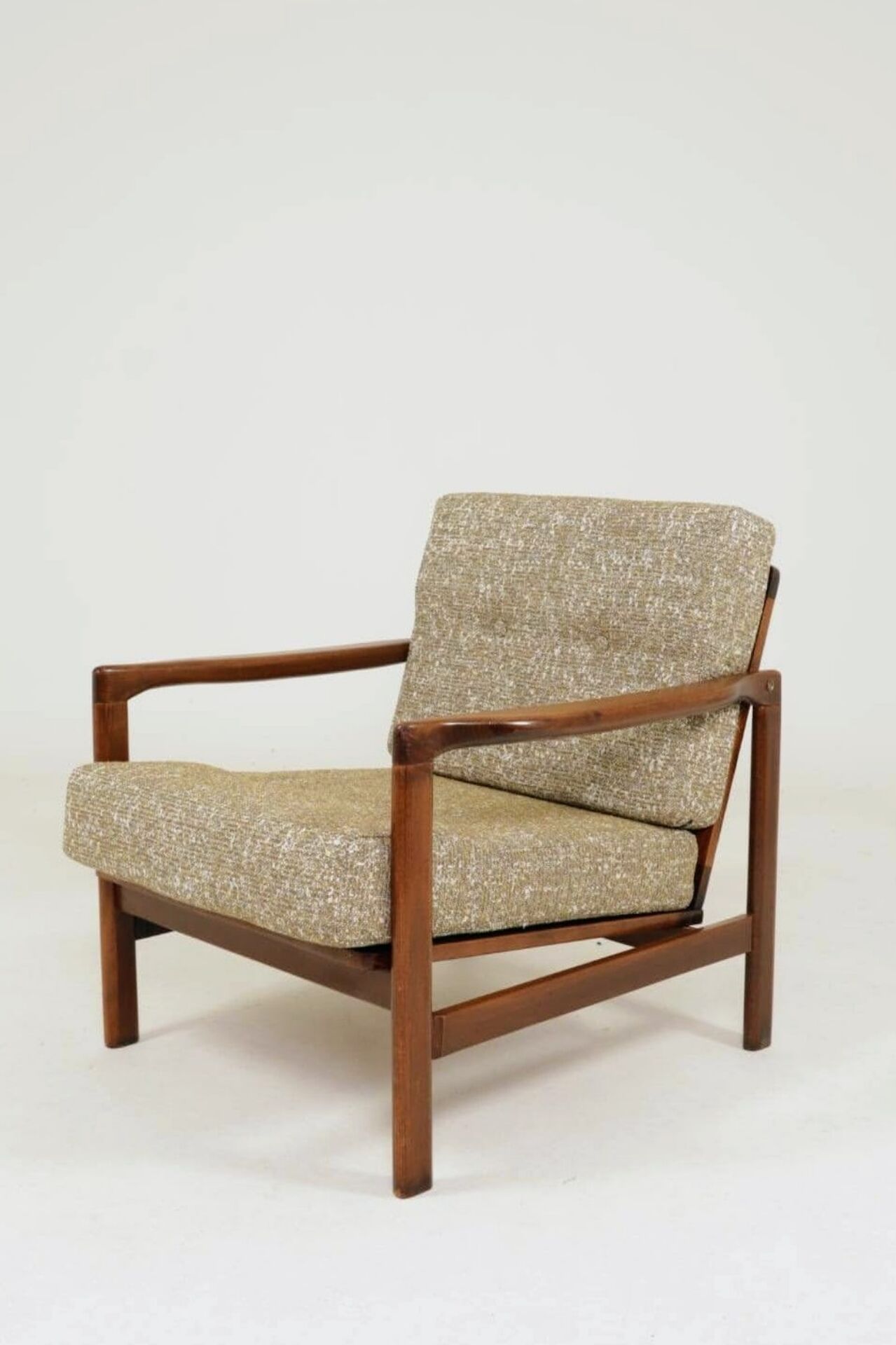 Fauteuil vintage en tissu chiné beige moutarde et olive, Pologne 1960