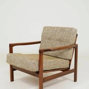 Vintage Armchair Tissu chiné beige moutarde et olive, Poland 1960