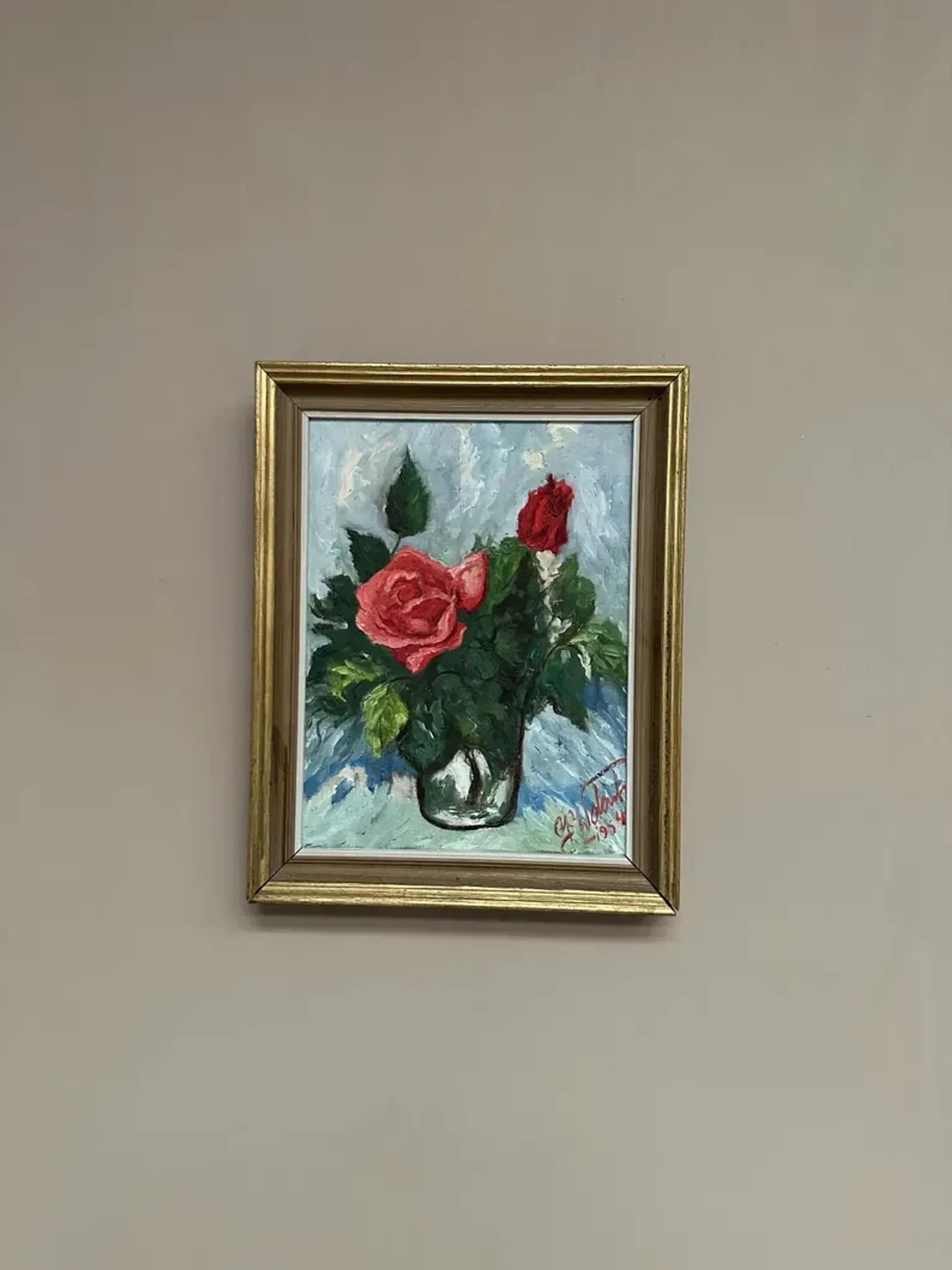 Original Swedish Oil on Canvas– “Still Life with Pink Rose” by Jacques Lalande – Vintage & Framed – 36 × 45 cm (14.1" × 17.7")