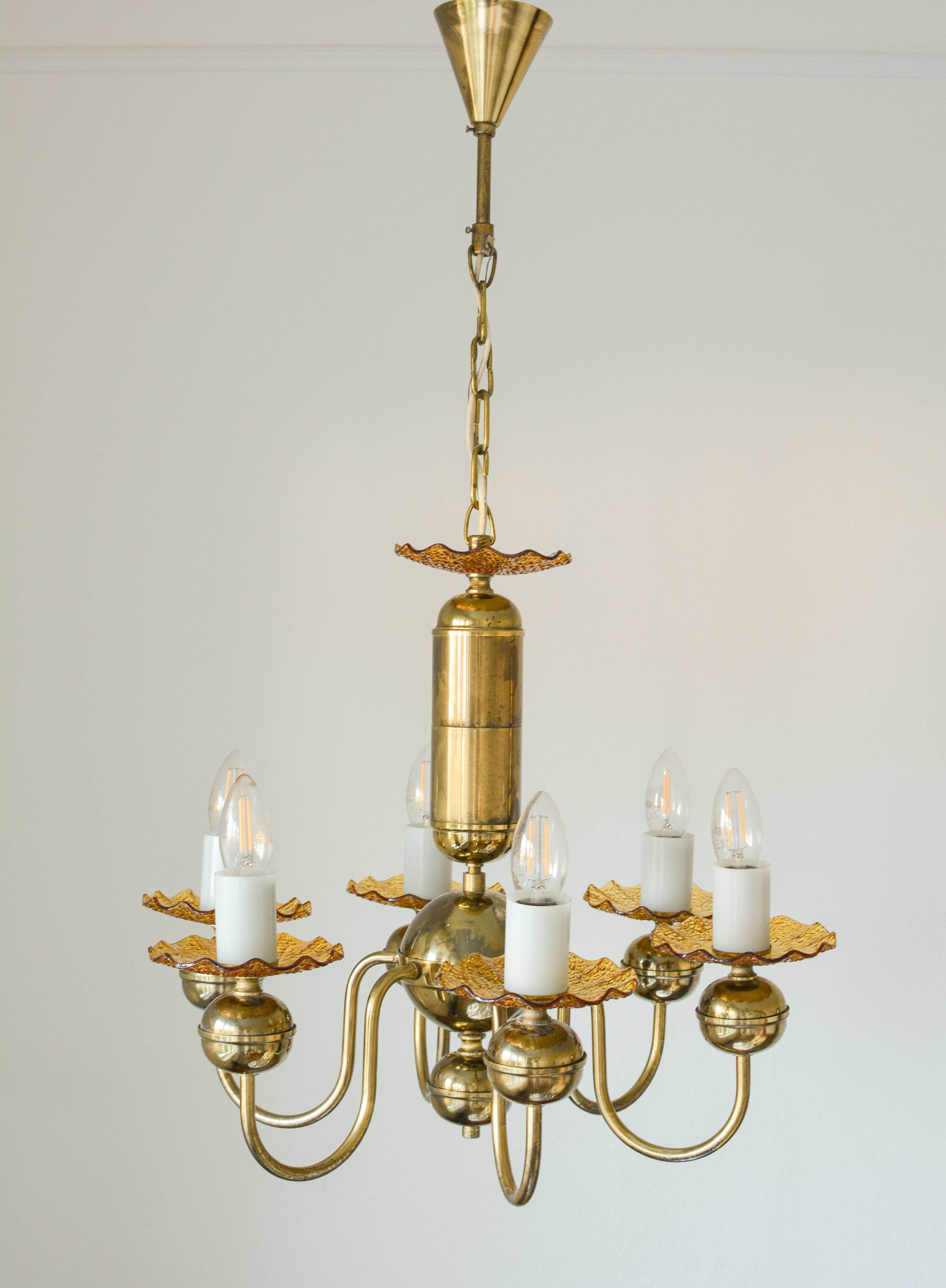Vintage lustre Kamenický Šenov in amber glass and gold metal – Czechoslovakia