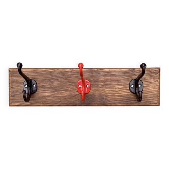 Vintage school coat rack in solid wood - 3 coat hooks in lacquered metal