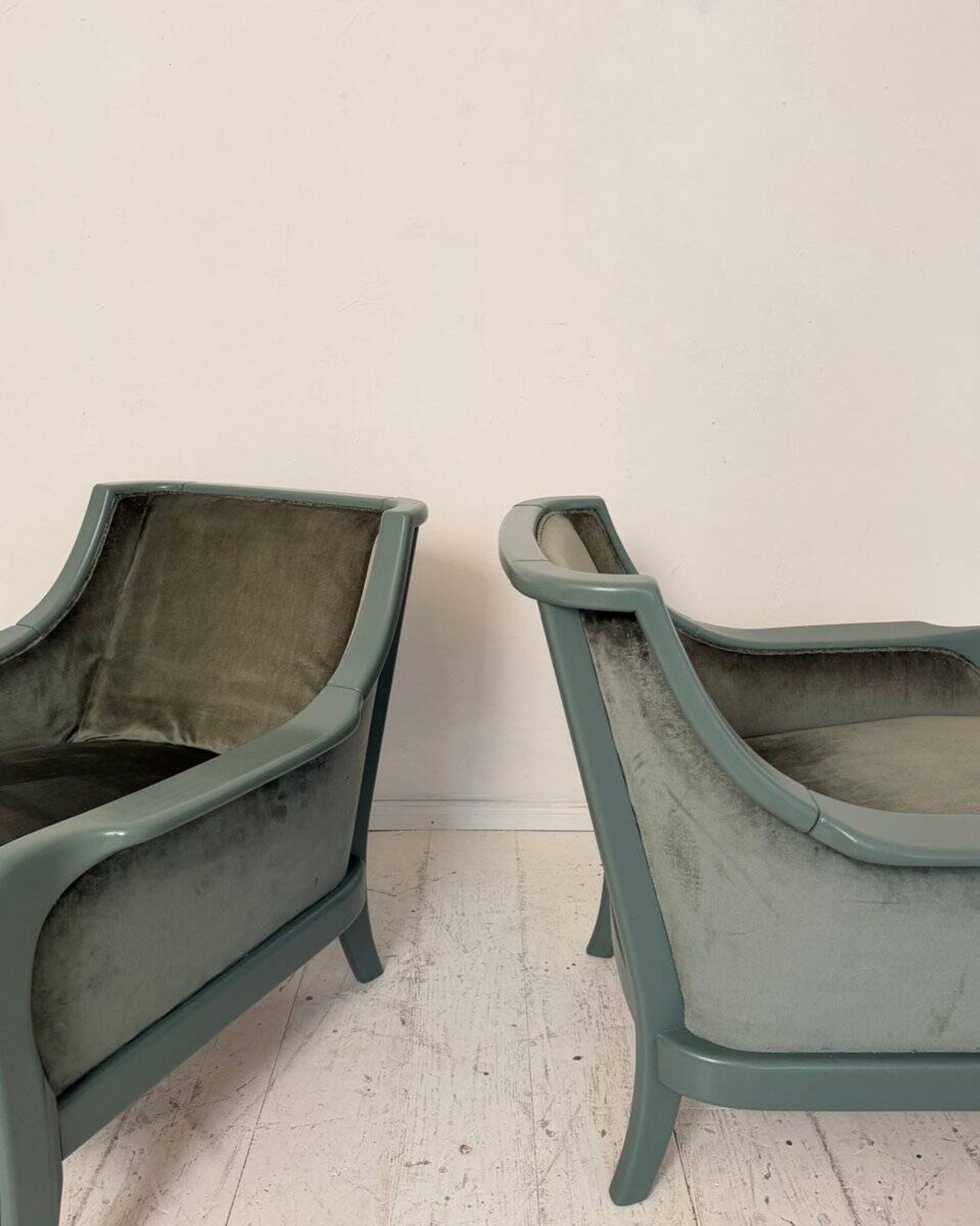 Pair Lounge Chairs in green velvet and lacquered wood, France, 1950