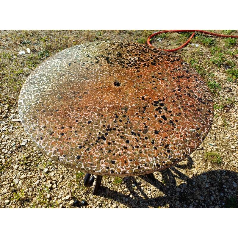 Vintage rattan table with reconstituted cement and stone top