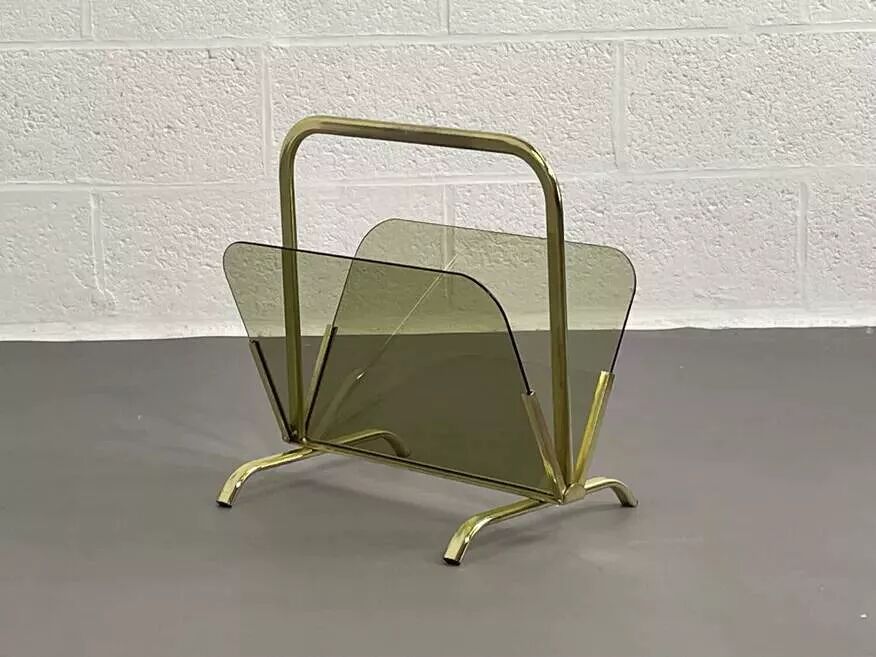 Vintage magazine rack in smoked glass and brass.