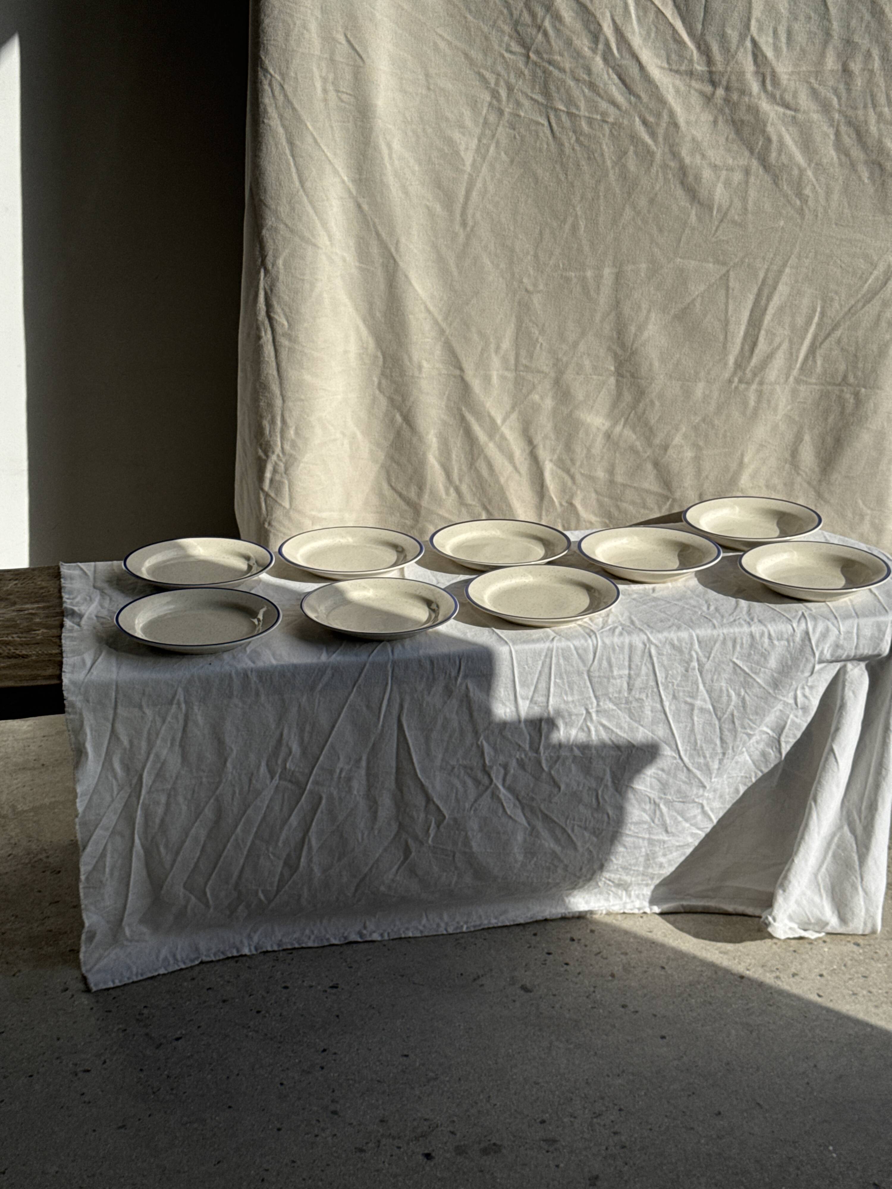 Set consisting of 6 beige flat plates with a blue rim + 3 deep plates.