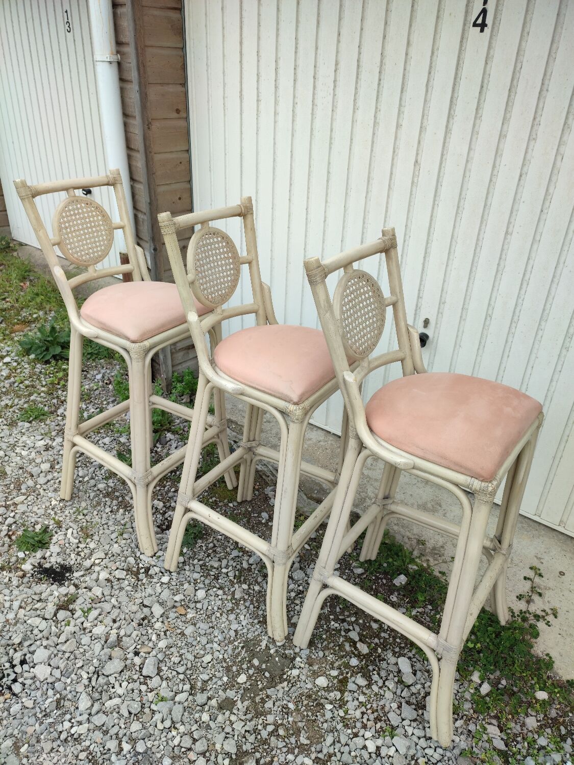 3 white stools vintage bar bamboo wicker rattan