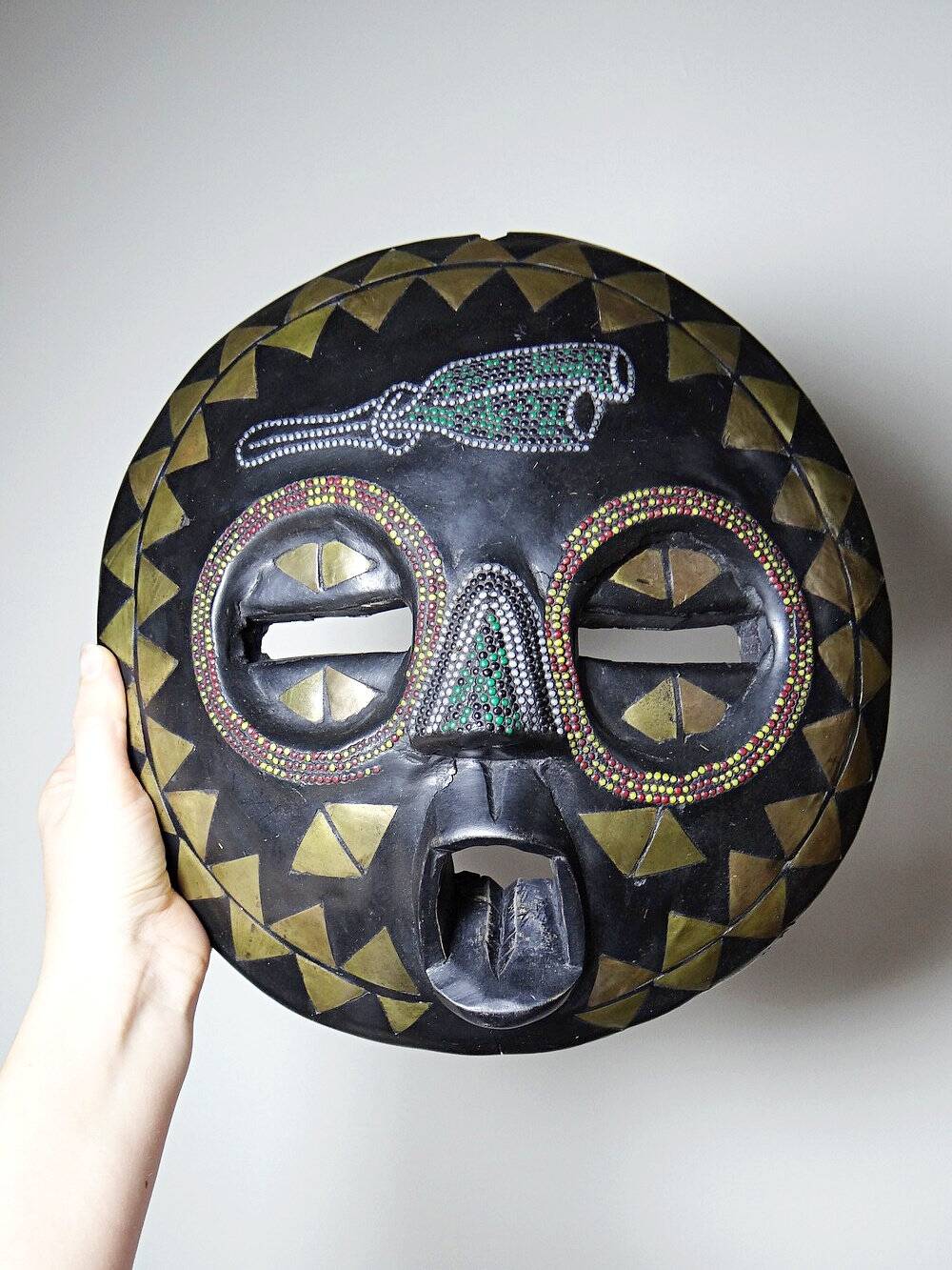 African moon mask, Luba/Baluba, DR Congo, carved wood, beads.