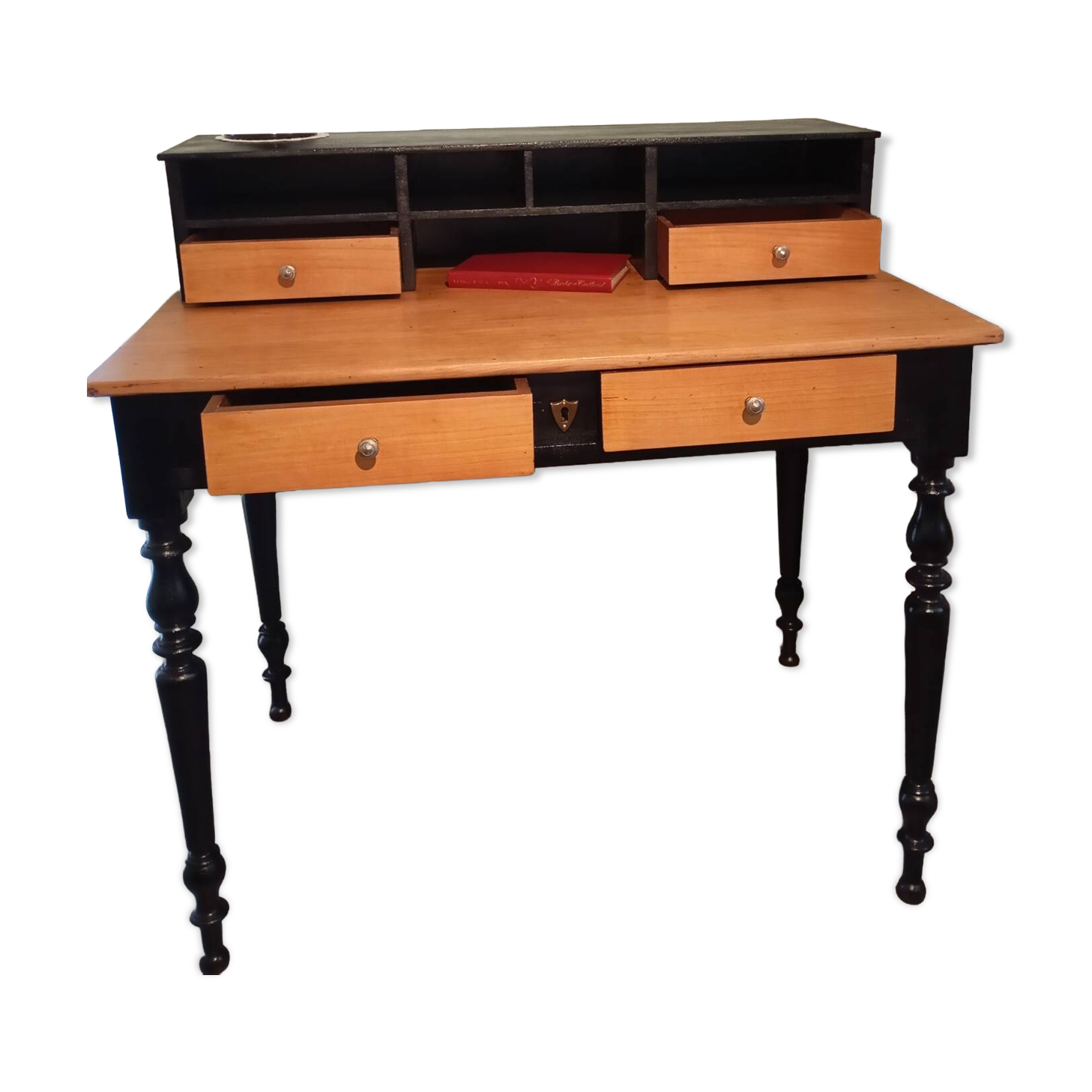 Bureau ancien restauré style campagne chic / bicolore noir et bois