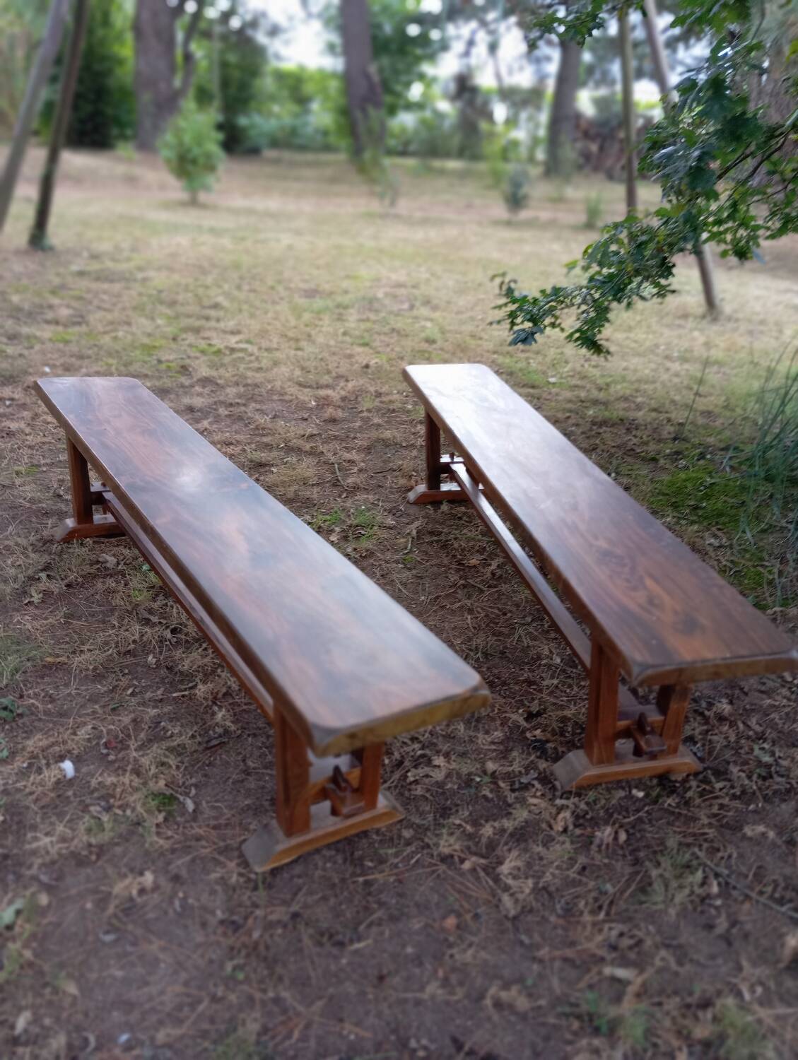 Pair of solid cherry wood farmhouse benches, 1950/60