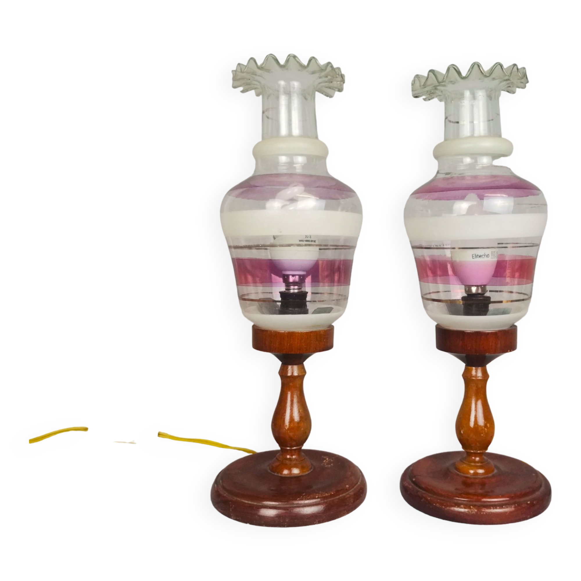 Portuguese Farmhouse rustic wooden table lamps with torch glass shades, 1970s, Set of 2