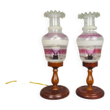 Lampes de table rustiques en bois de ferme portugaise avec abat-jour en verre torche, 1970s, Set de 2