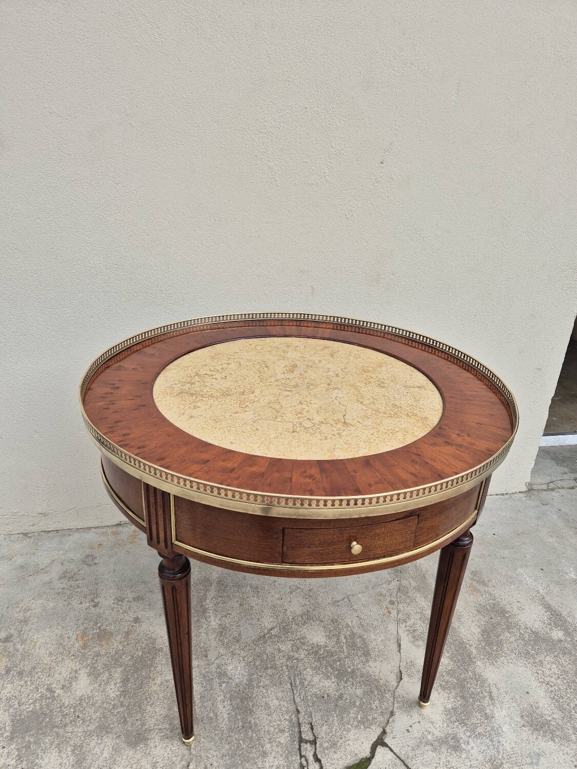 Louis XVI style mahogany bouillotte table in marquetry and bronze